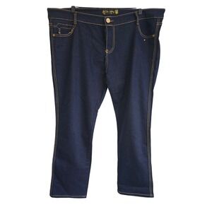 😀Fei Xiang Jeans Womens Dark Wash Contrast Stitch Straight Leg Denim Blue Pants